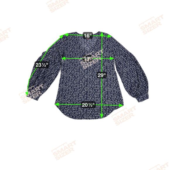 CAbi Te Amo Navy Blue Love Letter Languages Script Balloon Sleeve Blouse Size S - Picture 6 of 14